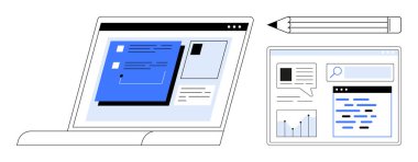 Arayüz elemanları, kalem ve pencereli dizüstü bilgisayar ekranı veri görselleştirmesi ve iletileri gösteriyor. Teknoloji, iletişim, UX tasarımı, dijital araçlar, uzaktan çalışma, eğitim için ideal