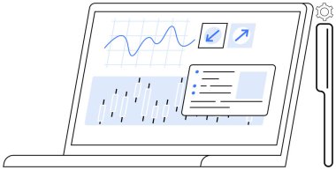 Veri eğilimlerini, analitiği, bar grafiklerini ve arayüz simgelerini gösteren dizüstü bilgisayar ekranı. İş için ideal, veri analizi, teknoloji, istatistik, verimlilik araştırması basit iniş sayfası