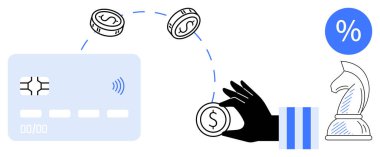 Kredi kartı transferi, el ele tutuşmalar, faiz işareti, satranç şövalyesi para yönetimini, yatırımı, stratejiyi sembolize ediyor. Finans, bankacılık, tasarruf kredisi kullanımı stratejisi eğitimi için ideal