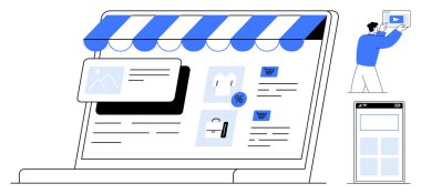 E-ticaret mağaza arayüzü, alışveriş arabası, indirim simgeleri, mobil ekran ve içeriği düzenleyen adam içeren dizüstü bilgisayar. Web tasarımı, e-ticaret, pazarlama, online alışveriş SEO işi için ideal