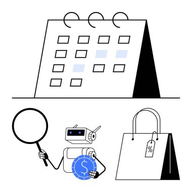 Robot, takvim ve alışveriş çantasının yanında büyüteç ve bozuk para tutuyor. Alışveriş, finans, yapay zeka entegrasyonu, akıllı planlama, bütçeleme, e-ticaret ve modern perakende için ideal. Düz basit