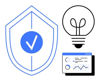 Korunmayı temsil eden işaretli kalkan, yeniliği sembolize eden ampul ve analitik için veri paneli. Siber güvenlik, yenilik, teknoloji, analitik, dijital güvenlik için ideal