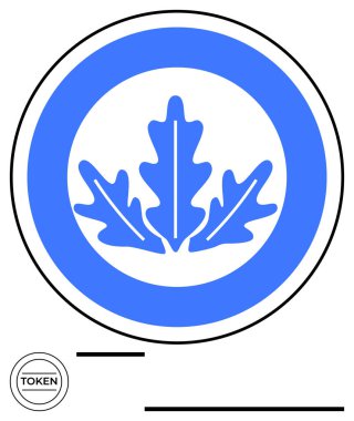 Yuvarlak bir çerçevenin içindeki minimalist mavi meşe yaprağı sürdürülebilirliği, büyümeyi, doğayı ve ekolojiyi vurguluyor. Eko-markalaşma, koruma, çevre, organik ürünler için ideal eğitim sade