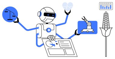 Pul, kalp monitörü, otomasyon, tarımsal mısır ve analitik çizelgelerle robot çoklu görevi. Yapay zeka, teknoloji, tarım, sağlık otomasyon etiği ve basit iniş sayfası için ideal