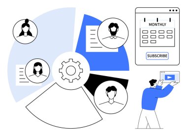 Kullanıcı profilleri, dokümanlar ve takvim bağlama merkezinde vites. İçeriği yükleyen kişi. Takım çalışması, üretkenlik, zamanlama, abonelik, planlama yönetimi için ideal basit iniş