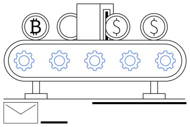 Taşıyıcı bant işleme Bitcoin, dolar işaretleri ve dişliler otomasyon, kripto para, finans, dijital dönüşüm, teknoloji, fintech iş akışını temsil ediyor. Fintech bankacılık kavramları için ideal