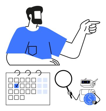 Erkek jesti, işaretli tarihli takvim, büyüteç ve bozuk parayla robot analizi. Üretkenlik, programlama, robot bilimi, fintech, karar verme ve otomasyon için ideal. Düz