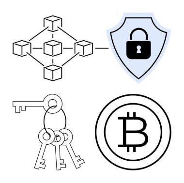 Kilit, anahtar ve Bitcoin sembolüne bağlı blok blokları şifreli para birimi, veri koruması ve dijital depolama kavramlarını iletir. Fintech, engelleme zinciri, güvenlik, kimlik şifrelemesi için ideal