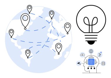 Çizgilerle birbirine bağlı konum işaretleri olan dünya haritası fikirleri temsil eden ampul, yapay zeka işlemci bağlantı cihazları. Teknoloji, yenilik, küresel ağlar, veri paylaşımı, bağlantı, yapay zeka için ideal