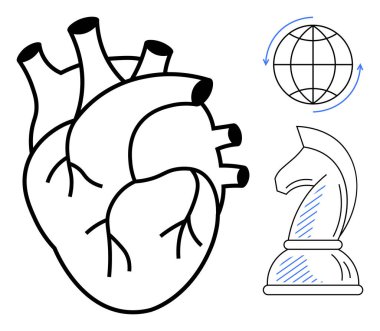 Anatomik kalp, dönen okları olan dünya ve satranç şövalyesi sağlığı, küresel fikirleri ve stratejik karar verme mekanizmasını temsil ediyor. Sağlık, bağlantı, liderlik ve yenilik için ideal