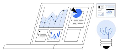 Dizüstü bilgisayar ekranı analitik gösterge paneli, grafikler, pasta grafiği ve raporlarla birlikte yenilik öneren ampuller. Analiz, teknoloji, iş büyümesi, anlayış ve strateji için ideal