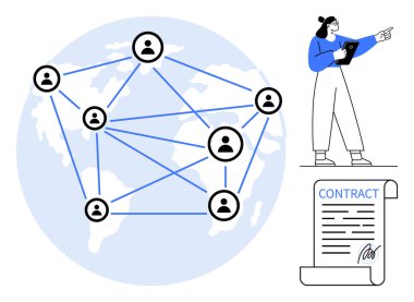 Bağlı insan simgeleriyle dolu bir dünya haritası, dijital veri sunan bir kadın ve imzalı bir sözleşme. Ağ oluşturma, işbirliği, iş geliştirme, küreselleşme, uzaktan çalışma, dijital