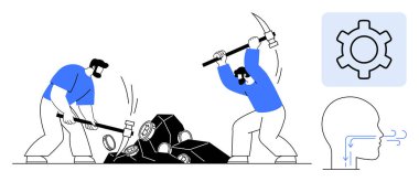 Soyut teçhizat ve hava akımı sembolleriyle çevrili iki adam kazma ve balyozla kaynak topluyor. Takım çalışması, emek, endüstri, süreç, üretim, çaba, basit iniş sayfası için ideal