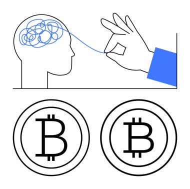 Aşağıdaki kripto para simgeleriyle eşleştirilmiş kafa karışıklığının grafiği. Finansal çözümler, yenilik, problem çözme, netlik, dijital para birimi, fintech stratejisi, düz