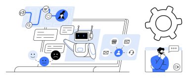 Sorulara cevap veren sohbet robotu, duygu ile kullanıcı tepkileri, destek araçları, ayarlar teçhizatı, mesajlaşma uygulaması arayüzü. Yapay zeka desteği, müşteri desteği, servis otomasyonu için ideal