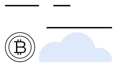 Dijital işlemlerde soyut bulut ipuçlarının yanında Bitcoin logosu. Engelleme zinciri, fintech, kripto para birimi, bulut hesaplama, dijital güvenlik, ademi merkeziyetçi sistemler, düz bir metafor için ideal