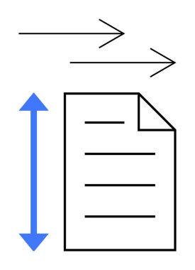 Üzerinde hareketi gösteren yatay oklar olan belge simgesi, soldaki mavi dikey ok yeniden boyutlandırma veya ölçeklendirmeyi sembolize ediyor. Çalışma akışı, organizasyon, esneklik, yeniden boyutlandırma ve optimizasyon için ideal