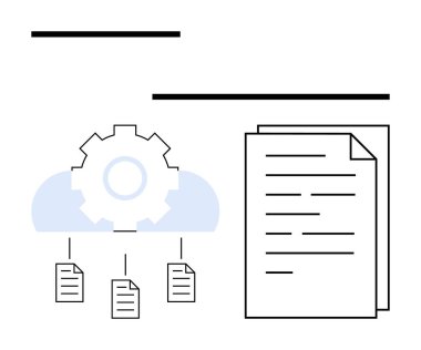 Bulutların üstündeki dişli dokümanlara bağlanıyor, veri senkronizasyonunu sembolize ediyor. Bulut hesaplama, belge otomasyonu, iş akışı verimliliği, dosya paylaşımı, veri yönetimi, teknoloji, düz basit