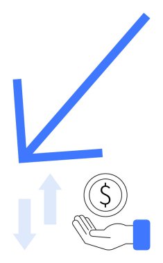 Düşüşü simgeleyen mavi aşağı doğru ok, elinde madeni parayı simgeleyen para ve yukarı doğru uzanan oklar. Ekonomi, finans, iş, yatırım, tasarruf, maliyet azaltma sade emlak için ideal