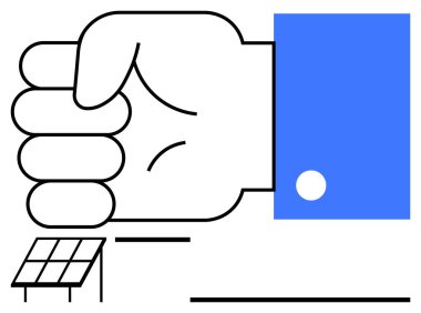 Enerjiyi, yeniliği ve sürdürülebilirliği sembolize eden bir güneş panelinin yakınındaki gücü veya kararlılığı ifade eden sıkılmış bir yumruk. Enerji, aktivizm, iklim hareketi, teknoloji, sürdürülebilirlik için ideal