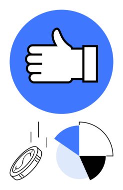 Mavi çemberin içinde parmaklar yukarı, bozuk para, dilimlenmiş pasta grafiği. Finans, onay, yatırım, büyüme, analitik karar verme ve iş stratejisi için ideal. Düz basit metafor