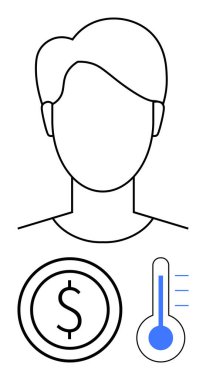 Minimalist baş hatlarına bir dolar işareti ve termometre simgesi eşlik ediyor. Sağlık, finans, ekonomi, bütçe, refah, tıbbi değerlendirmeler ve basit iniş sayfası için ideal