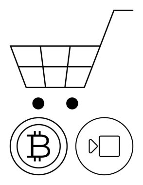 Bitcoin ve medyanın üzerindeki alışveriş arabası simgeleri, e-ticaret, kripto para ve dijital içeriği harmanlıyor. Çevrimiçi ticaret, finans, teknoloji, yenilik, engelleme zinciri dairesi için ideal