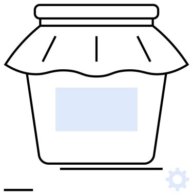 Kumaş kapaklı Mason kavanozu ve dekoratif vites simgesinin yanında kişiselleştirme için de boş etiket. Markalaşma, gıda ambalajlama, DIY, yaratıcılık, sürdürülebilirlik, işçilik, basit iniş sayfası için ideal