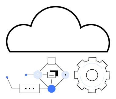 Birbirine bağlı iş akışı diyagramı ve otomasyon, entegrasyon ve veri işleme özelliklerine sahip bulut. IT yönetimi için ideal, bulut hesaplama, otomasyon, yenilik, takım çalışması, teknoloji