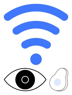 Mavi kablosuz sinyal dalgalarının altındaki göz simgesi ve soyut organik bir şekil. Bağlantı, vizyon, yenilik, yaratıcılık, tasarım, teknoloji, minimalizm ve basit iniş sayfası için ideal