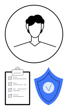 Minimalist kullanıcı profili simgesi, işaretli kontrol listesi ve işaretli mavi kalkan. Kimlik doğrulama, güvenlik, kullanıcı ayarları, görev yönetimi, veri koruması, çevrimiçi profiller için ideal