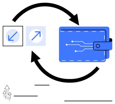 Devreli mavi cüzdan, çapraz oklar, para akışını sembolize eden kalın döngülü oklar, dijital ödemeler. Finans, teknoloji, çevrimiçi işlemler, döviz kurları, fintech e-ticaret için ideal