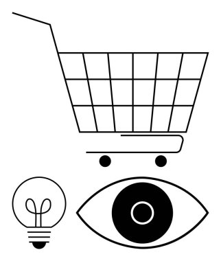 Alışveriş arabası ampul ve göz ışıklandırmasıyla birleşince yenilik, vizyon, yaratıcılık ve tüketici odakları ortaya çıkıyor. E-ticaret, pazarlama, marka stratejisi, perakende çözümler ve yenilik için ideal