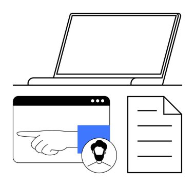 Dizüstü bilgisayar, işaret eden bir el simgesi, kullanıcı profili avatarı ve belge özeti içeren tarayıcı penceresi. Takım çalışması, uzaktan çalışma, dijital kimlik, dosya paylaşımı, çevrimiçi platformlar teknolojisi için ideal