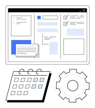 Görev planı, takvimi ve vites simgesine sahip gösterge paneli. Üretkenlik, yönetim, organizasyon, geliştirme, iş akışı, basit iniş sayfaları için ideal