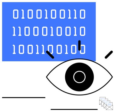 İkili kodları gözlemleyen büyük göz, veri görselleştirmesini, bilgi güvenliğini, analitiği ve gözetlemeyi vurguluyor. Teknoloji, siber güvenlik, yapay zeka, büyük veri dijital gizlilik makinesi için ideal