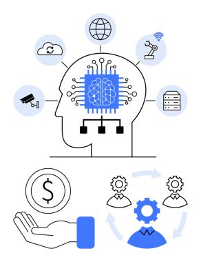 Yapay zeka çipli insan kafası robot, bulut, veri ve analiz simgeleri ile çevrilidir. Dairesel insan akışı, ayarlar, para birimi. Teknoloji, yenilik, yapay zeka takım çalışması süreci yönetimi için ideal