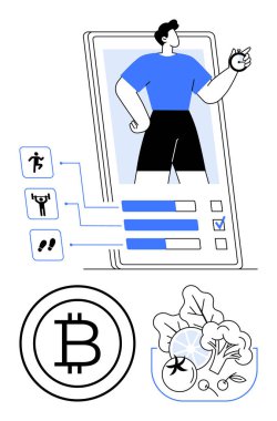 Fitness uygulamasında faaliyet istatistiklerini analiz eden kişi, şifreli para birimini sembolize eden bitcoin logosu, sağlıklı yemek kasesi. Sağlık, finans, fitness, teknoloji, verimlilik diyet sağlığı için idealdir. Düz basit