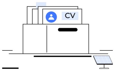 Organize çekmecede küçük bir dijital ekranın yanında özgeçmişinde profil sembolü olan dosyalar. İdeal İK, askere alma, organizasyon, takım yönetimi, iş başvuruları, veri sıralama, basit iniş