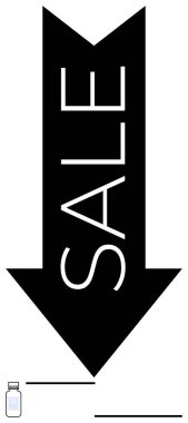Satış metnini küçük bir şişeyle eşleştirerek aşağıya doğru bakan kalın bir ok. Perakende satış, indirim, pazarlama, ticaret, reklam, e-ticaret, ürün tanıtımı ve basit bir iniş sayfası için ideal