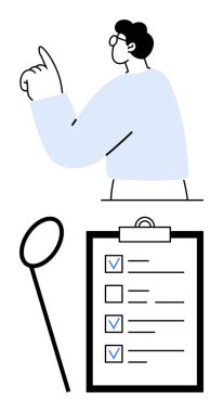 Panodaki işaretler üzerinde kontrol listesi oluşturulurken parmağını kaldıran adam mavi işaretli görevleri tamamladı ve yakınlarda bir büyüteç var. Üretkenlik, organizasyon, görev yönetimi, zaman verimliliği için ideal