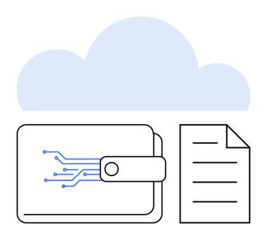 Devre bağlantıları, dökümanları ve bulutu olan dijital cüzdan. Teknoloji, finans, bulut depolama, güvenlik, veri yönetimi dijital dönüşüm yeniliği için ideal. Düz basit metafor