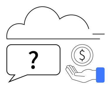 Soru baloncuklu bulut grafiği, el çabukluğu. Bulut hesaplama, dijital ödeme, finans hizmeti, veri depolama, çevrimiçi sorgulama, teknoloji endüstrisi, basit iniş sayfası için ideal