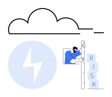 İnsan risk bloklarını, yıldırımları ve bulut sembollerini değerlendirir, belirsizliği, problem çözmeyi, hazırlık, analiz, adaptasyon veri yönetimi ve esnekliği vurgular. Basit bir iniş için ideal.