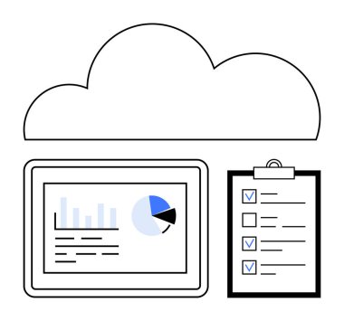 Tamamlanmış bir görev listesinin yanında veri ve grafik görsellerini gösteren bir tabletin üzerinde bulut. Veri yönetimi, üretkenlik, organizasyon, bulut teknolojisi, işbirliği, analitik, basit
