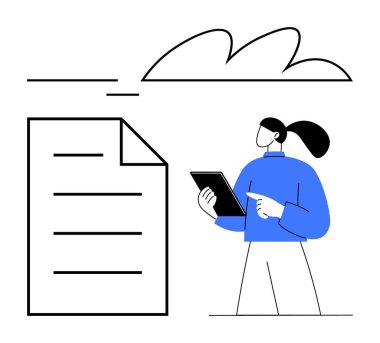 Tableti tutan kadın, belgeyi incelerken, yukarıda bulut, hareket için çizgiler. Teknoloji, inceleme, öğrenme, iletişim, verimlilik organizasyonu temaları için idealdir. Düz basit