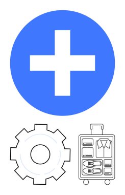 Sağlık ya da ilave için mavi artı işareti, süreci ya da ayarları sembolize eden vites, giysi ve ayakkabılarla dolu bavul. Sağlık, seyahat planlaması, üretkenlik, organizasyon ve uygulama tasarımı için ideal