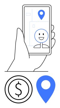El ele tutuşan akıllı telefon haritada gülümseyen avatarı gösteriyor. Aşağıda dolar işareti ve iğne simgeleri var. Navigasyon, dağıtım, mobil uygulama, seyahat, e-ticaret, ödeme sade iniş için ideal
