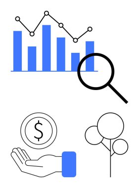 Çizgi çizelgesi, büyüteç, el ele tutuşan bozuk para ve bitki. Veri analizi, finans, büyüme stratejisi, ekonomik eğilimler, eko-farkındalık pazarı araştırmaları için ideal