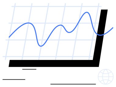 Şebeke çizelgesinde yükselen mavi dalgalı bir çizgi, koyu siyah baltalar ve minimalist küresel simge. İş, istatistik, başarı, ekonomi, analiz finans sunumu için ideal. Düz basit